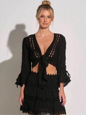 ELAN Black Crochet Tie-Front Boho Top